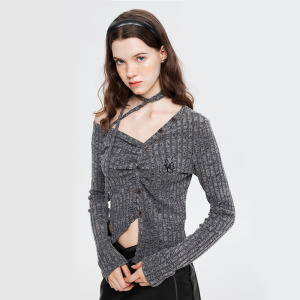 歐美開襟衫T恤斜領設計感小眾收腰顯瘦短上衣