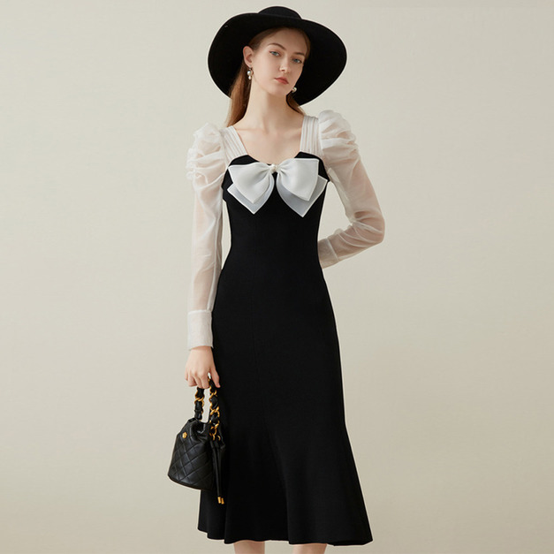 法式黑白拼接蝴蝶結針織魚尾洋裝