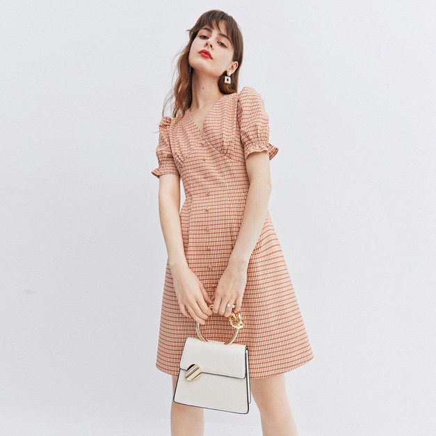 桔梗裙泡泡袖法式優雅格子洋裝