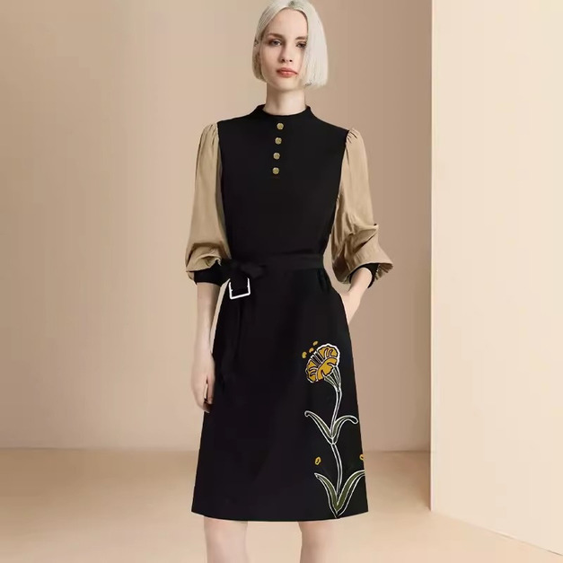 法式時尚端致洋裝收腰繫帶氣質長袖裙