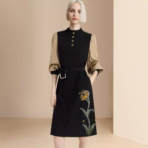 法式時尚端致洋裝收腰繫帶氣質長袖裙