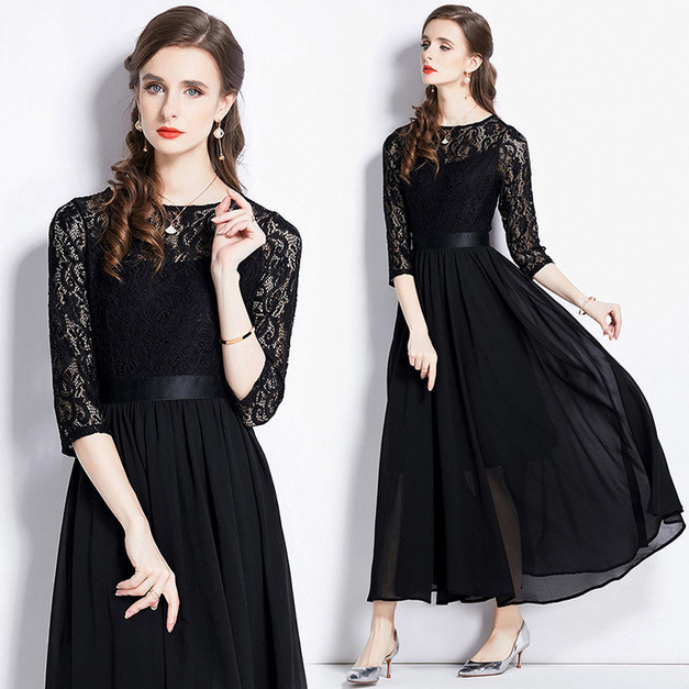 氣質時尚蕾絲拼接大擺長裙圓領七分袖洋裝