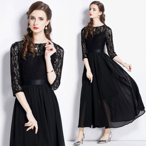 氣質時尚蕾絲拼接大擺長裙圓領七分袖洋裝