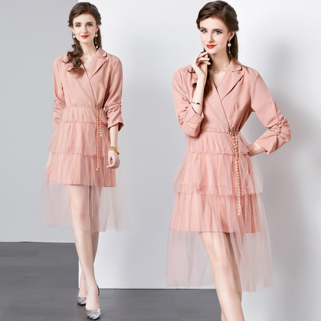 西裝領珍珠扣茶歇法式網紗蛋糕裙氣質洋裝