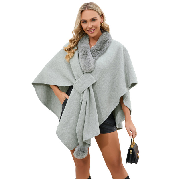 毛領斗篷披肩寬鬆針織開襟衫大尺碼毛呢外套
