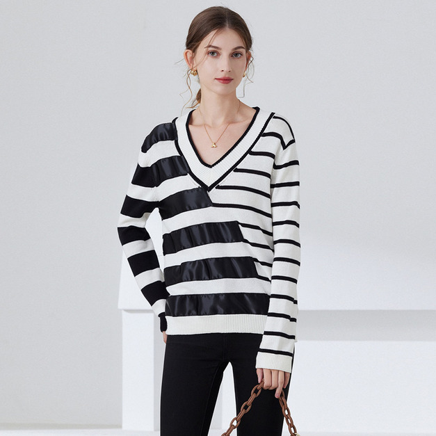 條紋套頭毛衣落肩長袖文藝針織衫V領休閒上衣