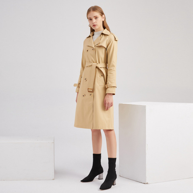 歐洲風衣長版收腰棉質時尚外套長袖翻領