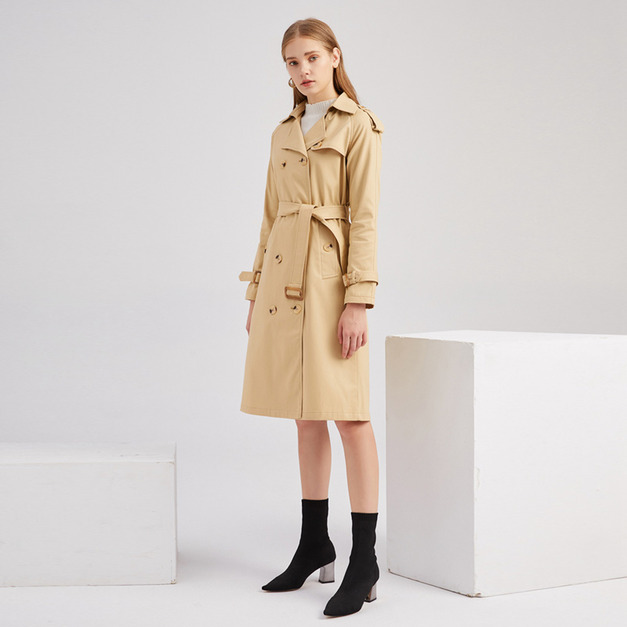 歐洲風衣長版收腰棉質時尚外套長袖翻領