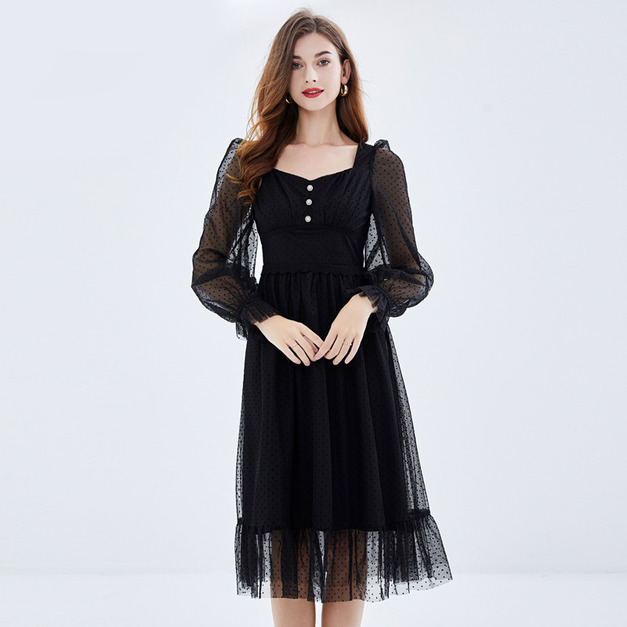 復古法式浪漫薄紗蕾絲百搭大尺碼小黑裙