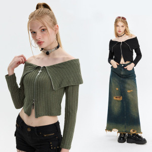 歐洲氣質一字領長袖t恤復古拉鍊短版上衣開襟衫