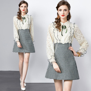 復古格紋假兩件蕾絲蕾絲裙蕾絲拼接立領洋裝