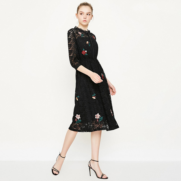 名媛氣質蕾絲拼接刺繡修身顯瘦中長版洋裝