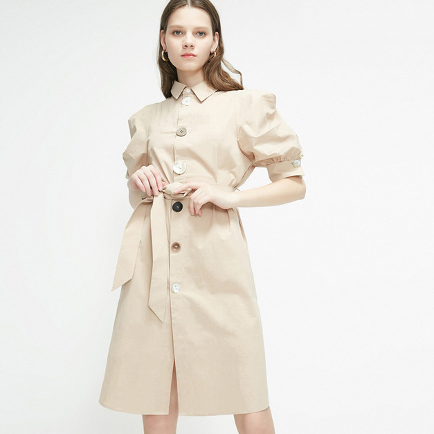 歐美休閒時尚立領泡泡袖紐扣洋裝