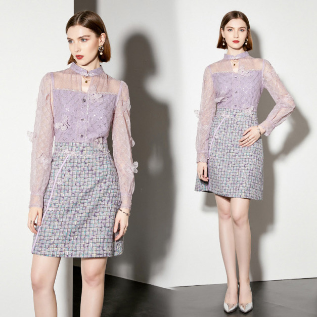 設計感重工釘珠網紗繡花長袖公主A字包臀裙子