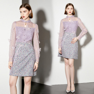 設計感重工釘珠網紗繡花長袖公主A字包臀裙子