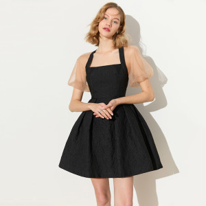 小禮服氣質名媛風美背泡泡袖收腰提花蓬蓬裙