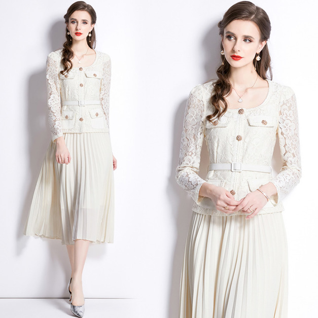 氣質復古修身顯瘦蕾絲拼接中長版百褶洋裝