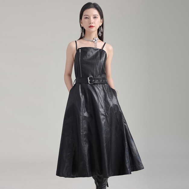 吊帶皮裙復古收腰顯瘦PU皮高腰繫帶大擺a字裙