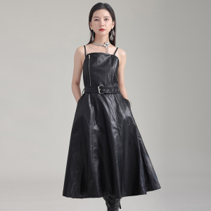 吊帶皮裙復古收腰顯瘦PU皮高腰繫帶大擺a字裙