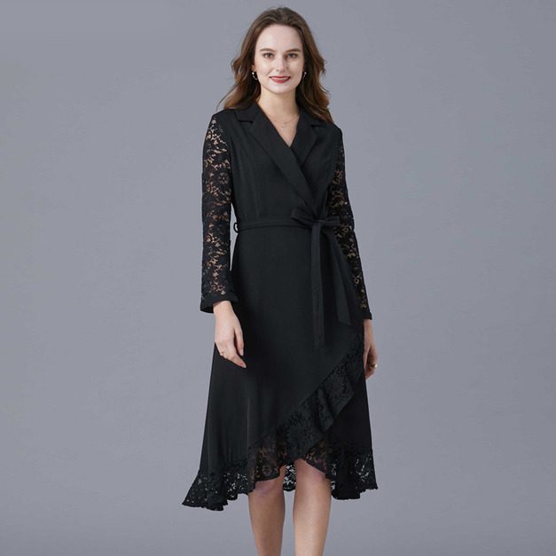 赫本風法式大尺碼名媛拼接蕾絲A字妙齡裙