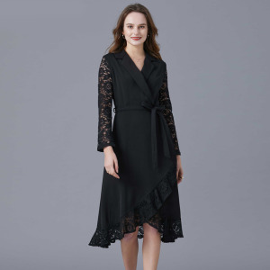 赫本風法式大尺碼名媛拼接蕾絲A字妙齡裙