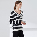 條紋套頭毛衣落肩長袖文藝針織衫V領休閒上衣_1