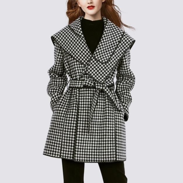 千鳥格上領毛呢外套高級感小香仿羊毛大衣