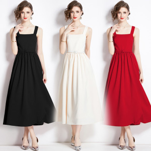 法式氣質方領吊帶收腰顯瘦裙a字蓬蓬大擺長裙