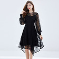 甜美風大尺碼妙齡裙透視蕾絲圍裹燈籠袖防曬小黑裙