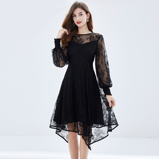 甜美風大尺碼妙齡裙透視蕾絲圍裹燈籠袖防曬小黑裙