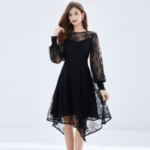 甜美風大尺碼妙齡裙透視蕾絲圍裹燈籠袖防曬小黑裙