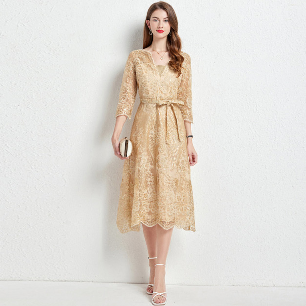 晚禮服棉花糖女孩時尚輕奢亮片刺繡蕾絲長裙