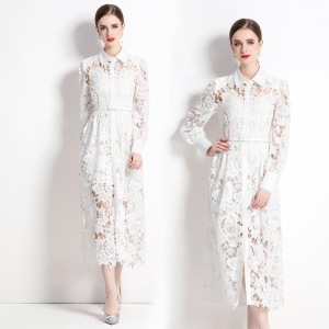水溶蕾絲氣質時尚長袖修身顯瘦長裙