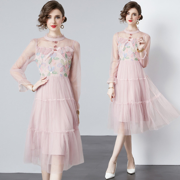 甜美高級感蕾絲網紗蓬蓬收腰顯瘦減齡長裙