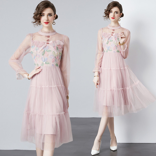 甜美高級感蕾絲網紗蓬蓬收腰顯瘦減齡長裙