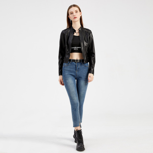 鉚釘皮衣夾克長袖外套立領時尚夾克