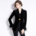 毛毛袖拼接絲絨西裝外套氣質高級感輕熟風_1