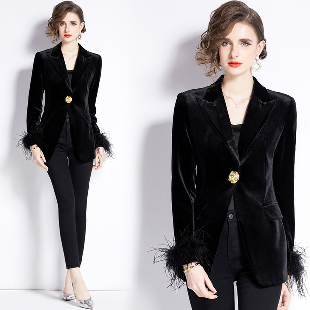毛毛袖拼接絲絨西裝外套氣質高級感輕熟風
