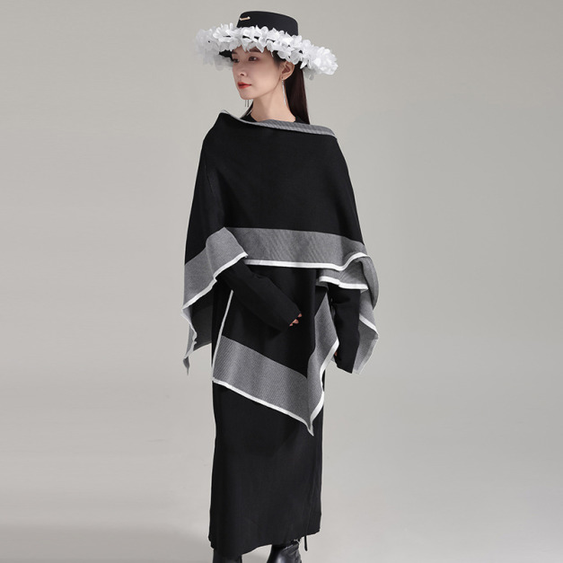 斗篷披肩外套+針織洋裝兩件式 拼色大圍巾