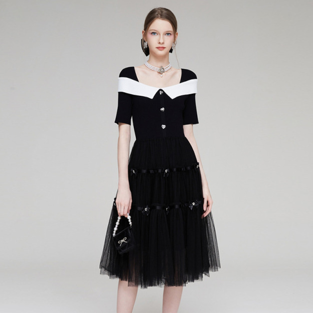 法式名媛赫本風優雅網紗拼接針織洋裝