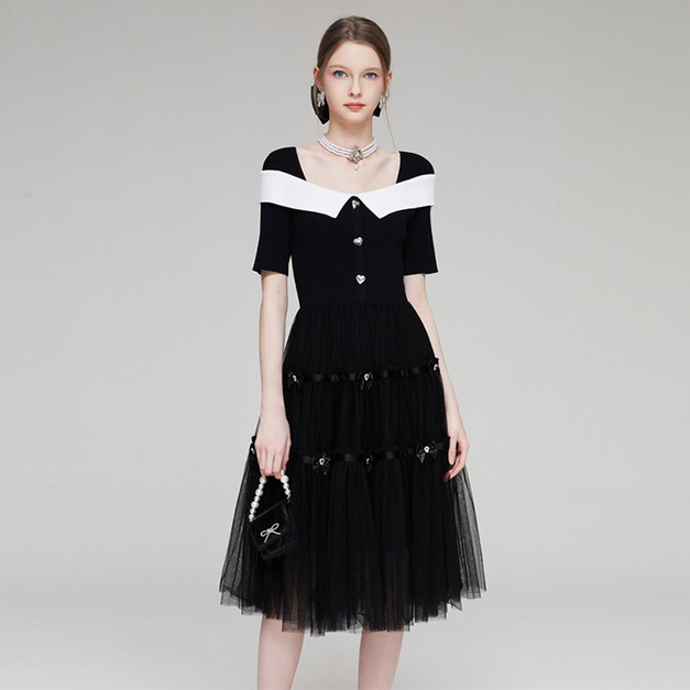 法式名媛赫本風優雅網紗拼接針織洋裝