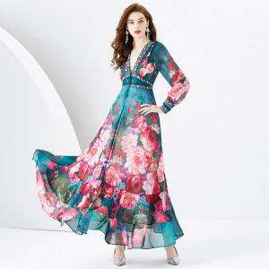 復古深V領燈籠袖波浪邊闊擺彩繪印花長版洋裝