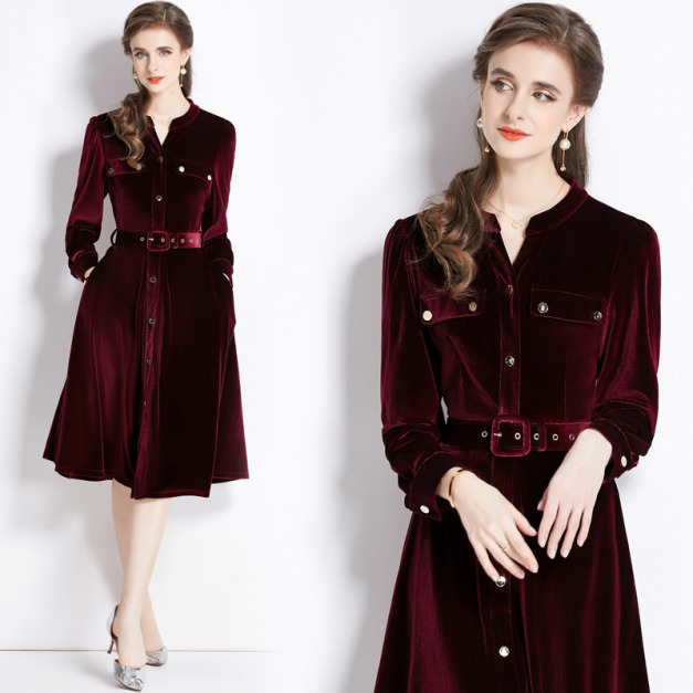 時尚復古絲絨長袖V領修身收腰中長版