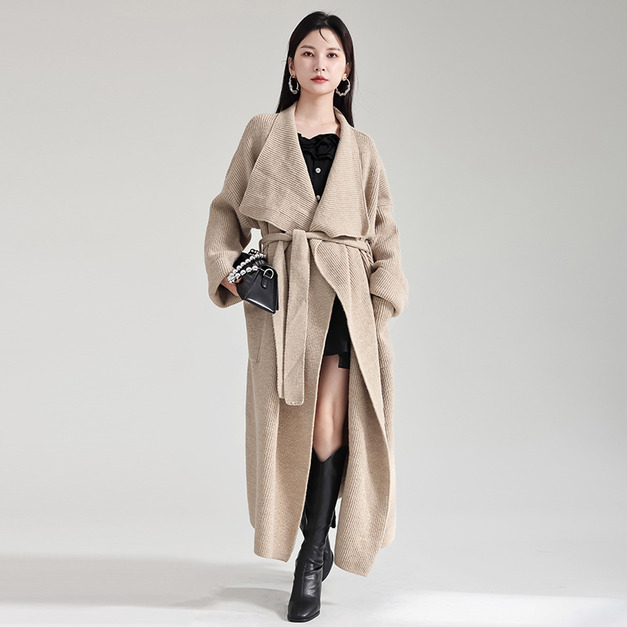 復古大翻領針織外套無扣加厚毛衣開襟衫慵懶風針織大衣