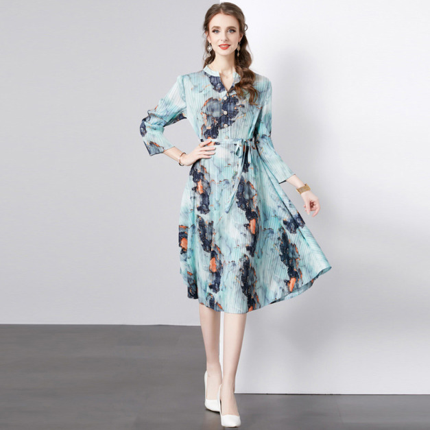 氣質印花洋裝復古褶皺圓領休閒寬鬆大氣顯瘦