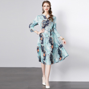 氣質印花洋裝復古褶皺圓領休閒寬鬆大氣顯瘦
