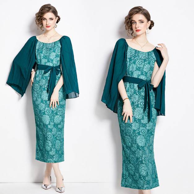 重工提花復古收腰繫帶拼接壓褶袖洋裝