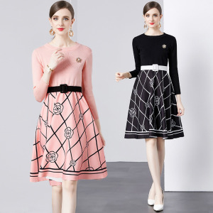 法式針織拼接收腰百褶顯瘦氣質內搭毛衣裙