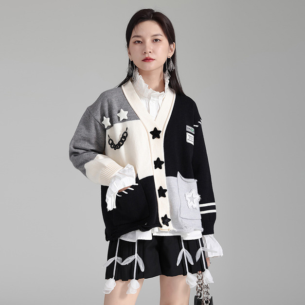 慵懶風軟糯毛衣撞色寬鬆長袖V領法式針織衫