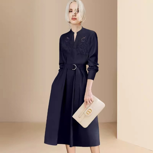 襯衫式歐美時尚鏤空收腰顯瘦洋裝